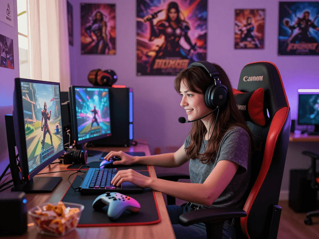 Exciting female porn game scene with a confident woman gaming in her stylish room, showcasing vibrant decor and accessories.