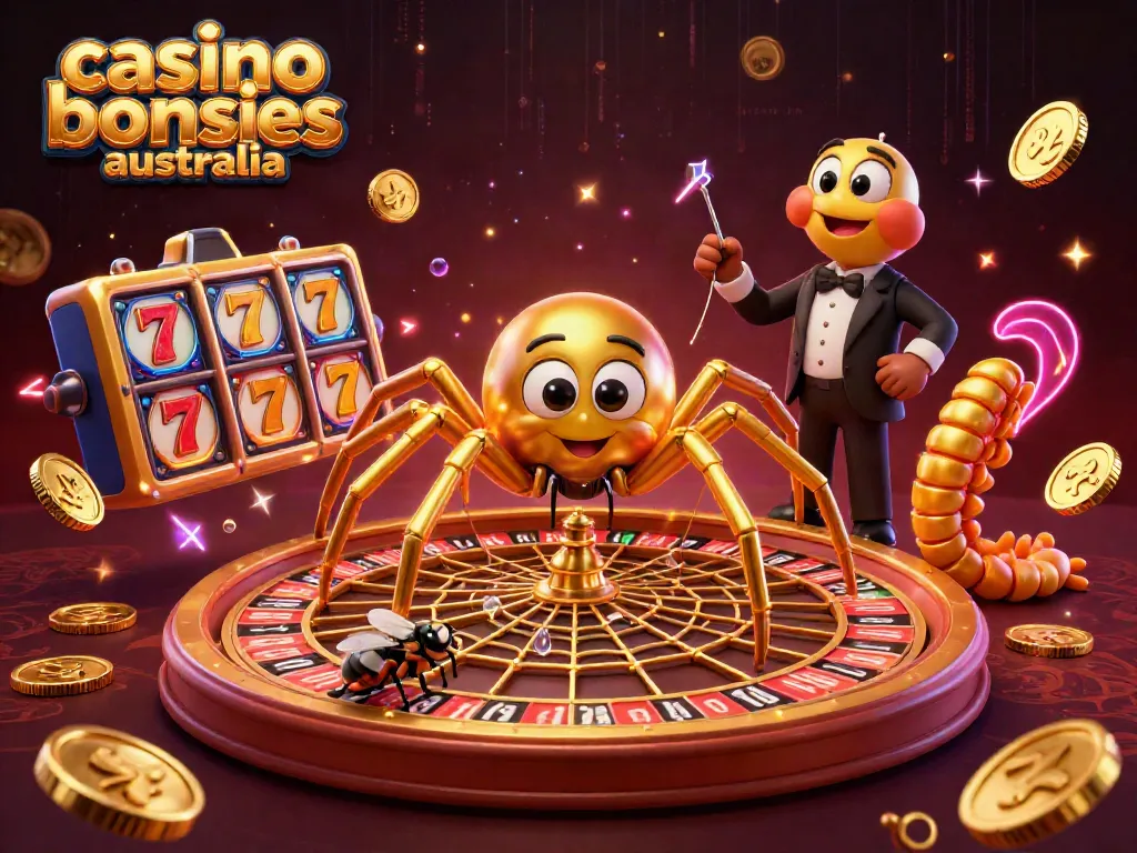 Engage with casino bonuses Australia featuring a golden spider spinning a roulette wheel, bringing big wins.