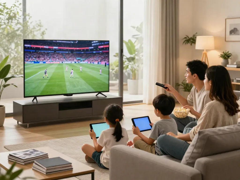 Family enjoying iptv italia entertainment in a cozy living room.