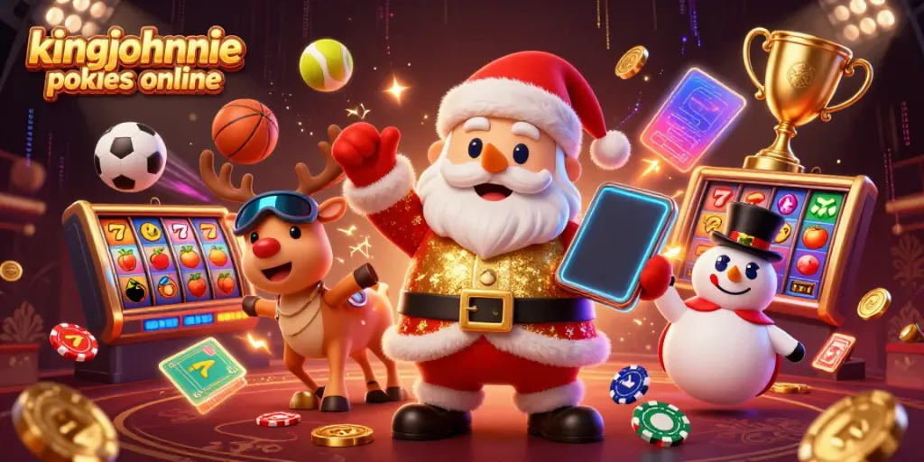 Experience kingjohnnie pokies online with Santa and friends celebrating jackpot wins in a vibrant casino.