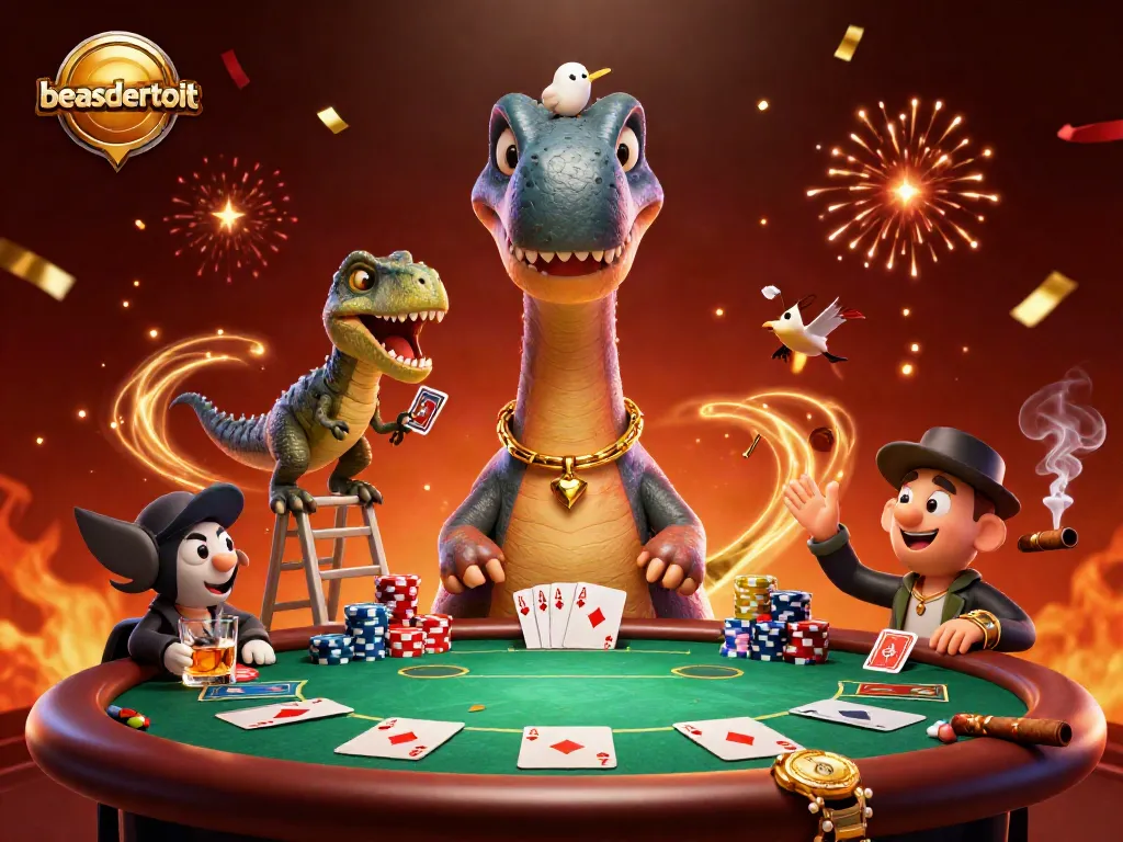 Engage with beasdetroit's 3D casino scene featuring a brontosaurus and poker action.