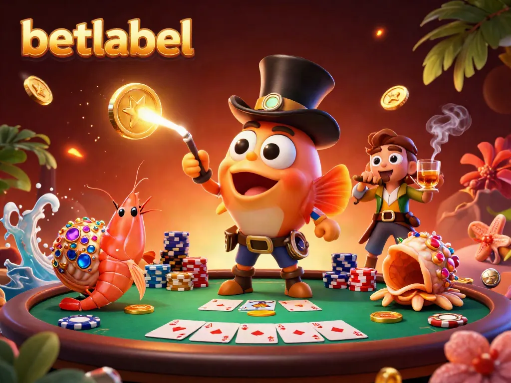 Betlabel showcases a vibrant casino scene with characters attracting coins at a poker table amidst lively game elements and rich decorations.