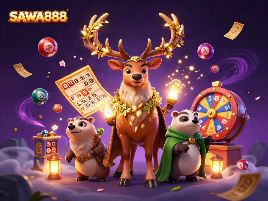 Experience thrilling gameplay with SAWA888 as colorful lottery elements and enchanting characters come alive.
