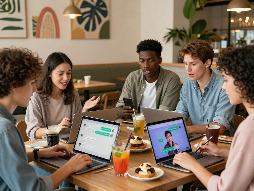 Users engaging with spicy chat ai features in a cozy café setting, showcasing dynamic interaction and technology.