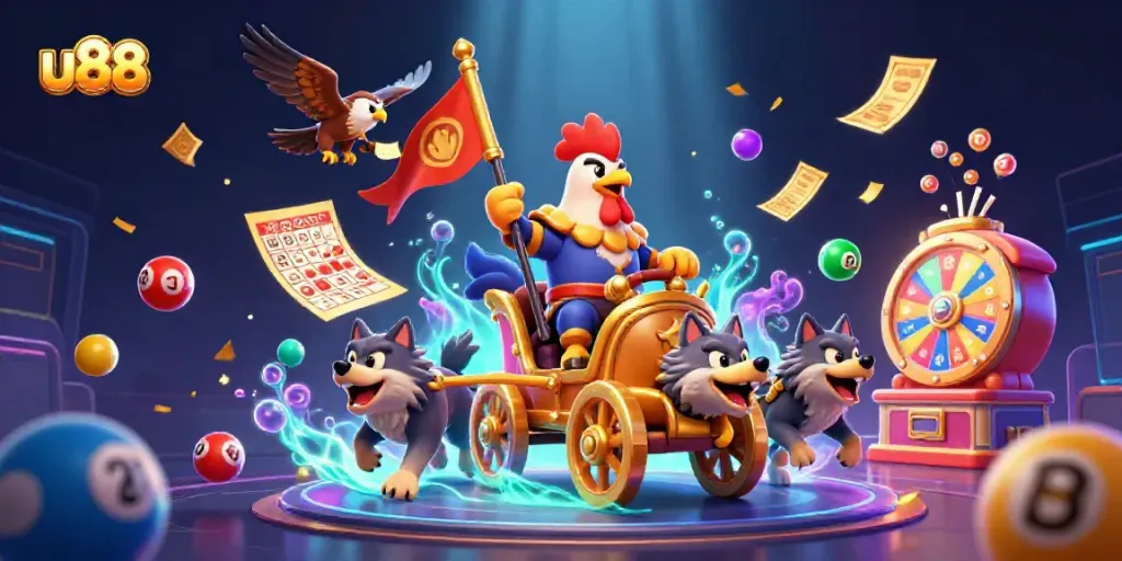 Engage in the thrilling gaming world at u88, with a dynamic 3D scene of casino characters and vibrant game elements.