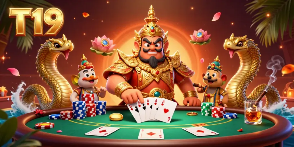 T19 showcases a vibrant poker game scene with friendly guardian and Naga companions.