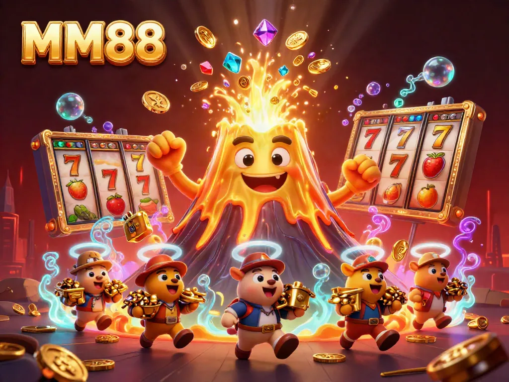 Experience the excitement of MM88 with vibrant slot reels and treasures from a playful volcano eruption.
