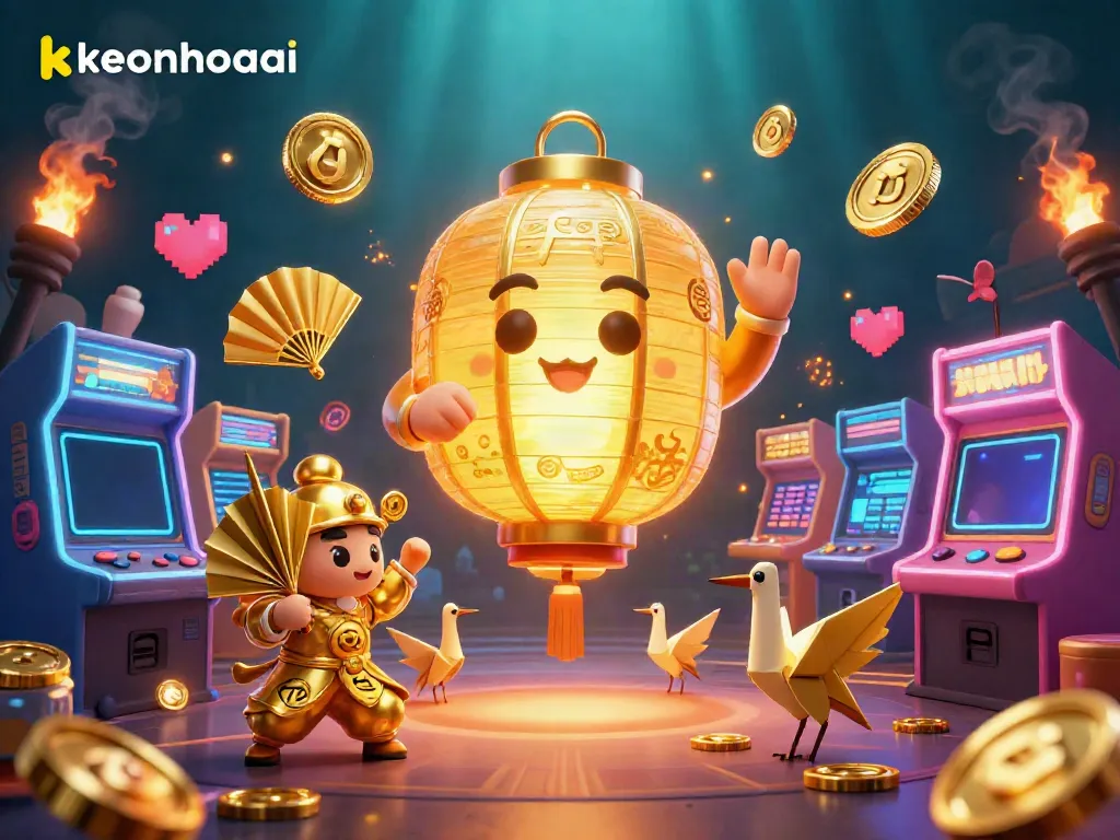Engage with keonhacai as a golden lantern spirit hovers above a vibrant night market casino filled with game elements.