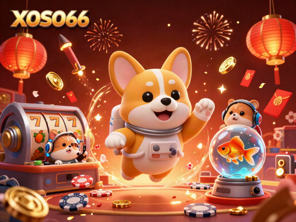 XOSO66 brings excitement in a vibrant casino scene with an astronaut corgi and dynamic gameplay elements.