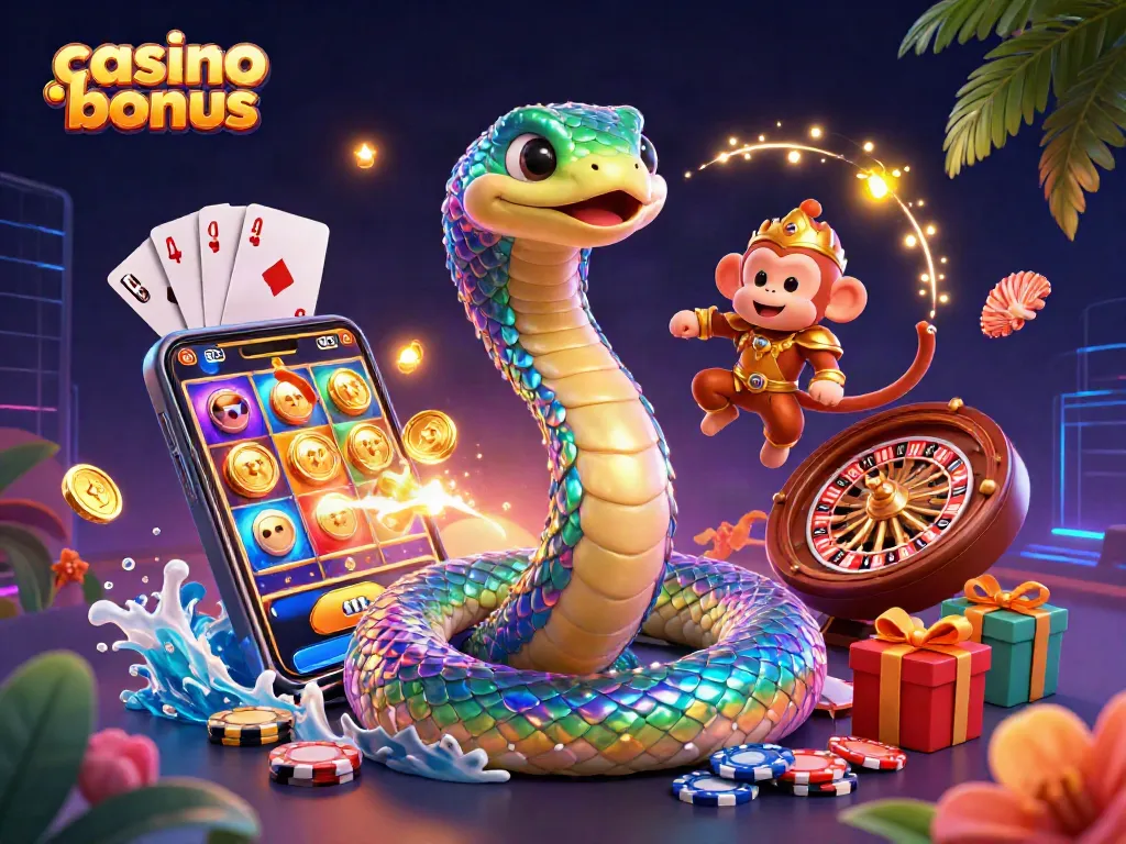 Experience a thrilling casino bonus adventure with vibrant characters, dynamic games, and magical elements all around.