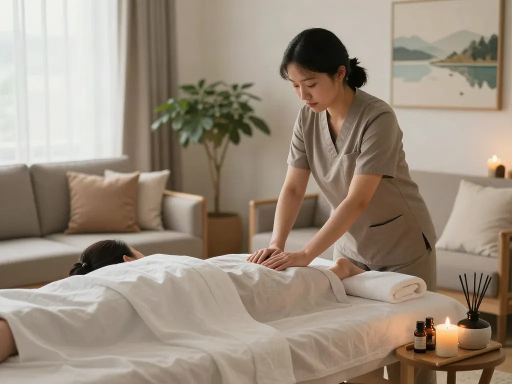 Relaxing 종로출장마사지 session in a serene living room with calming atmosphere.