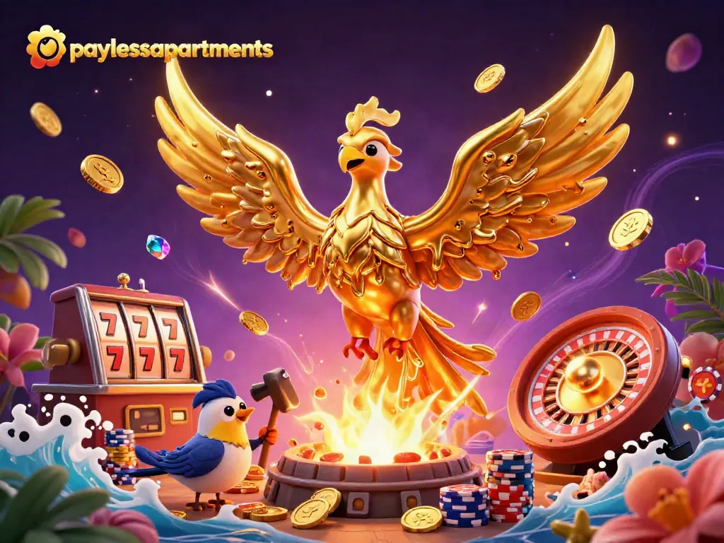 Paylessapartments showcases a golden phoenix among casino elements like slots and roulette.