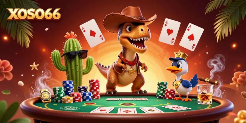 XOSO66 features a cowboy dinosaur, poker chips, and cards in a dynamic gambling scene.