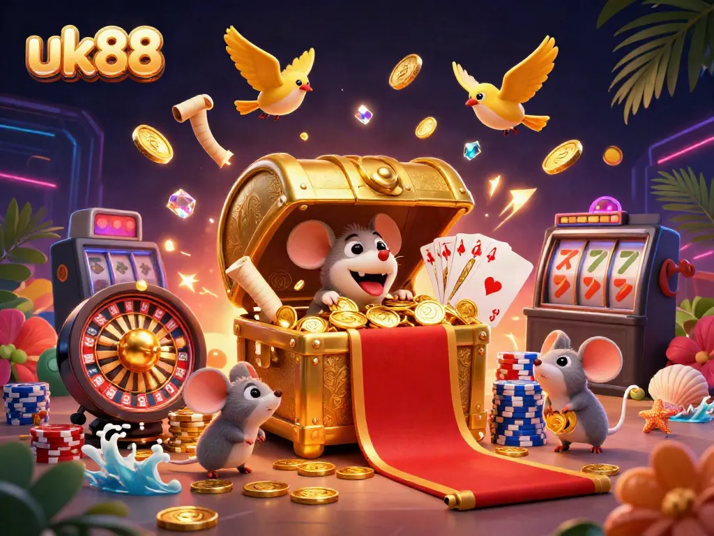 Engaging gameplay at uk88, featuring a golden treasure chest, cascading coins, and vibrant casino elements.
