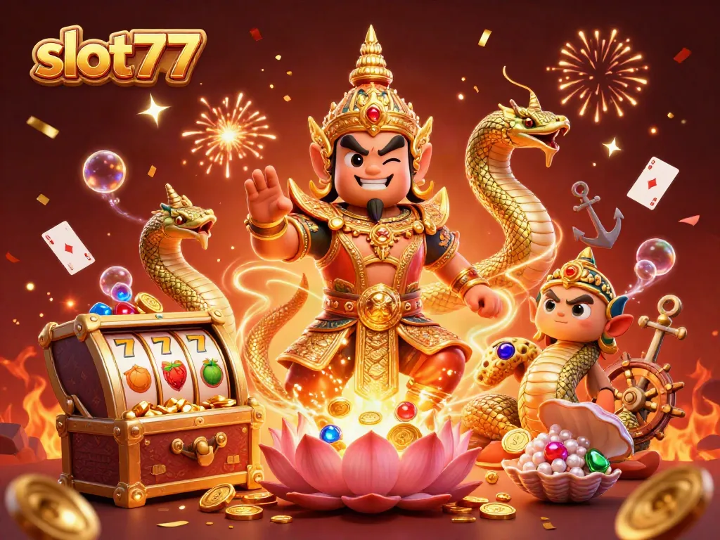 Engage with exciting slot777 gameplay featuring vibrant characters and treasure in a festive casino setting.