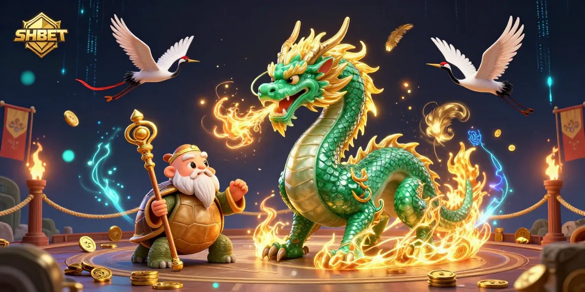 Engage with SHBET's vibrant 3D illustration featuring a jade dragon, sage turtle, and lucky cranes symbolizing good fortune.